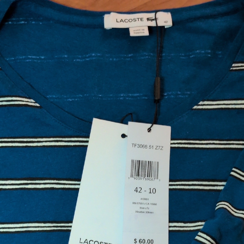 Lacoste Teal Blue Striped V-Neck Tee 42
